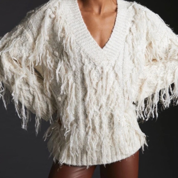 Anthropologie Ivory Fringe V-Neck Sweater Small Textured Pullover - Picture 2 of 12